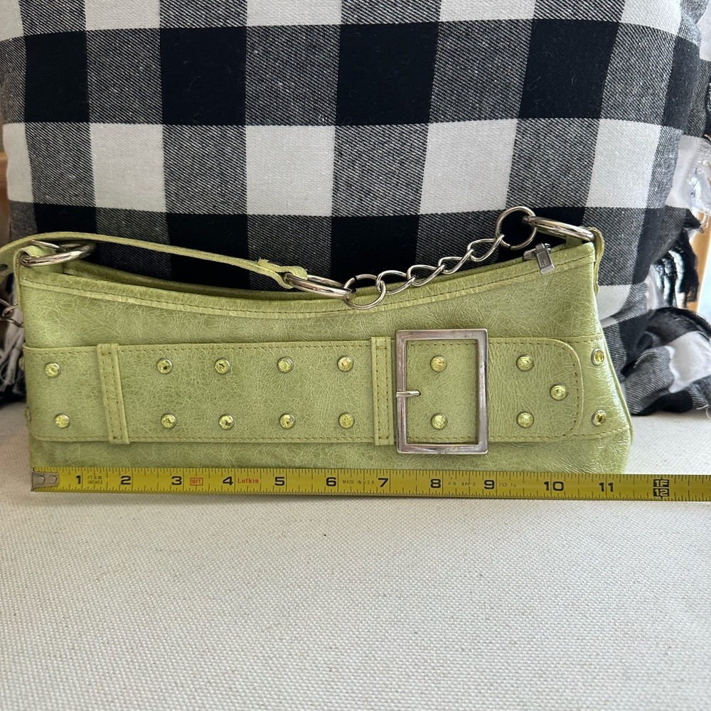Edgy Green Studded Clutch with Chain Accents